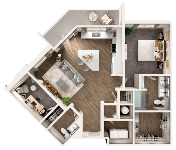 A top-down view of a house layout with a kitchen, living room, dining area, and bedrooms.