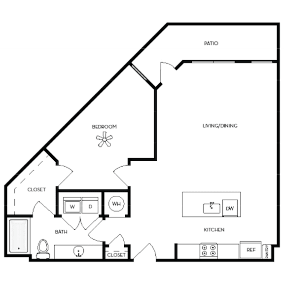 A black and white image of a house floor plan with a patio, bedroom, living/dining area, kitchen, and two closets.