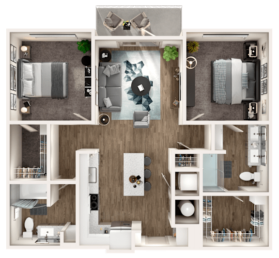 A top-down view of a modern apartment layout with a living room, kitchen, and bedrooms.