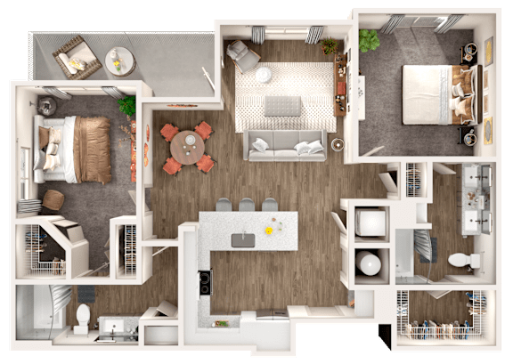 A top-down view of a house layout with various rooms and furniture.