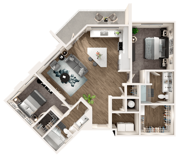 A 3D floor plan of a house with a living room, kitchen, and bedrooms.