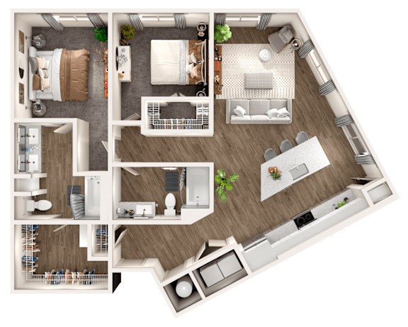A top-down view of a house layout with multiple rooms and furniture.