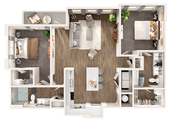 A detailed 3D floor plan of a modern apartment layout.