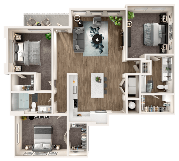A top-down view of a house layout with a living room, kitchen, and bedrooms.