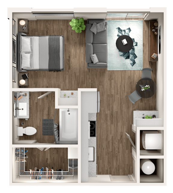 Floor Plan  A top-down view of a small apartment with a bedroom, living room, kitchen, and bathroom.