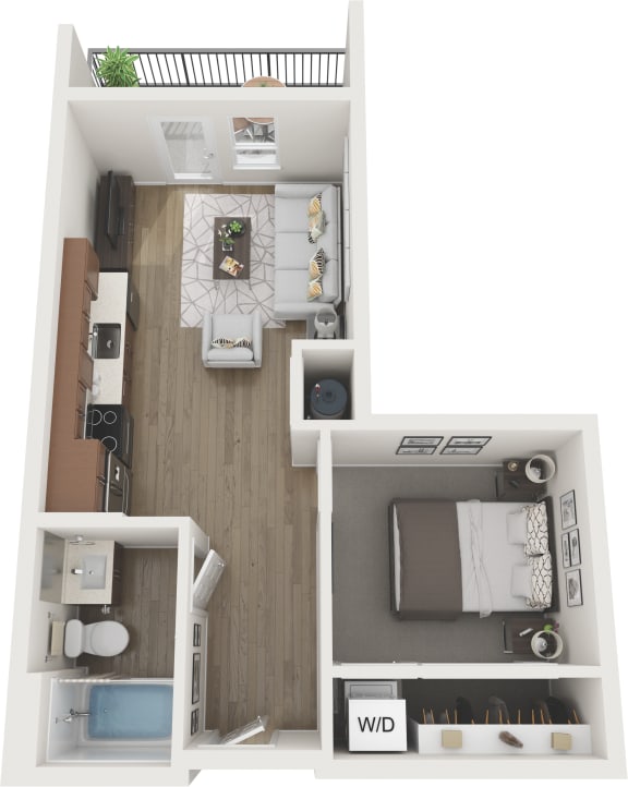 a stylized floor plan with a bedroom and a living room