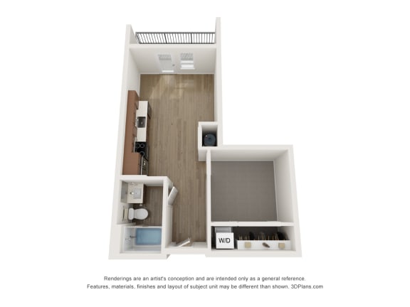 a floor plan of a studio apartment with a bedroom and a living room