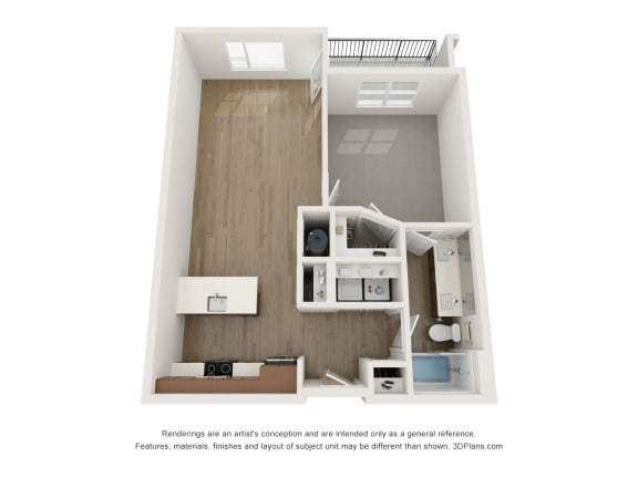 a 1 bedroom floor plan with a bathroom and a kitchen