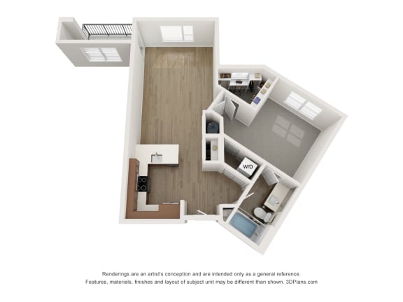 a stylized floor plan with a bedroom and a living room