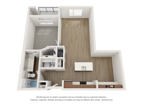 a 1 bedroom floor plan with a bathroom and a balcony