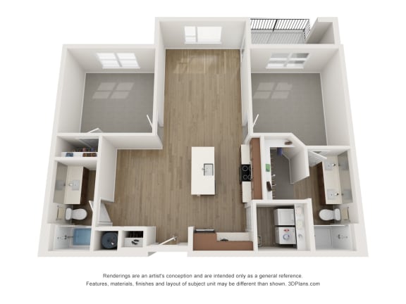 an overhead view of a 1 bedroom floor plan of a 2100 sq ft apartment