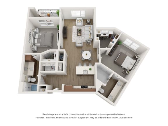 a stylized floor plan of a 1 bedroom floor plan