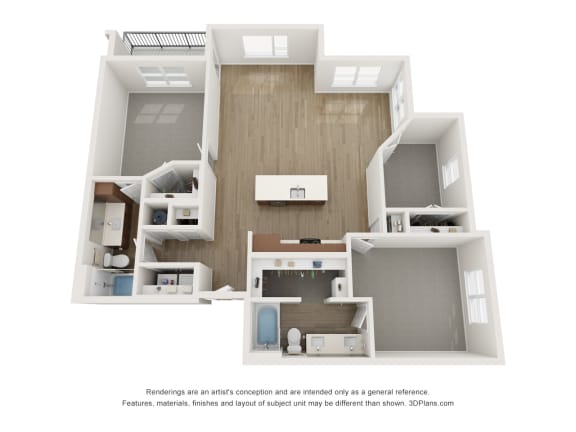 a stylized floor plan with a bedroom and a living room