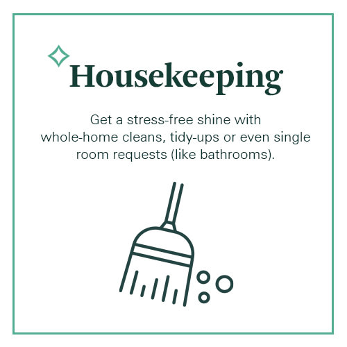 a line drawing of a broom and a phrase housekeeping get a stress free shine