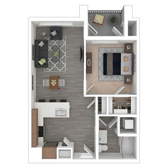 A floor plan of a small apartment with a kitchen, living room, and bathroom.