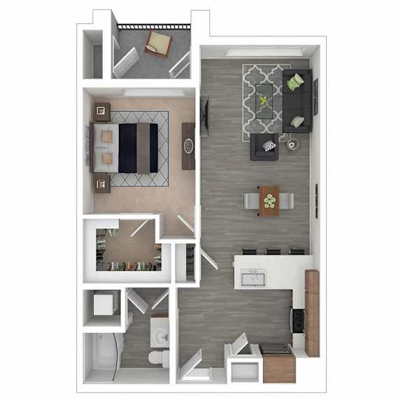 A floor plan of a small apartment with a kitchen, living room, and bedroom.