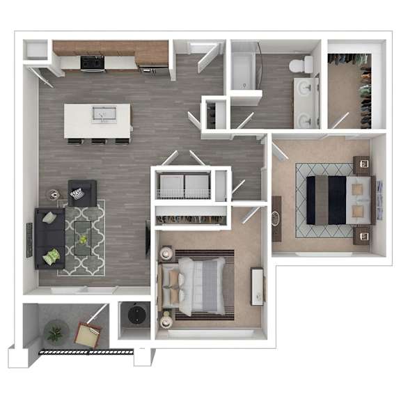 A top-down view of a modern apartment layout with a kitchen, living room, and bedrooms.