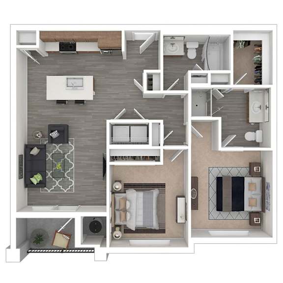 A top-down view of a house layout with a kitchen, living room, and bedrooms.