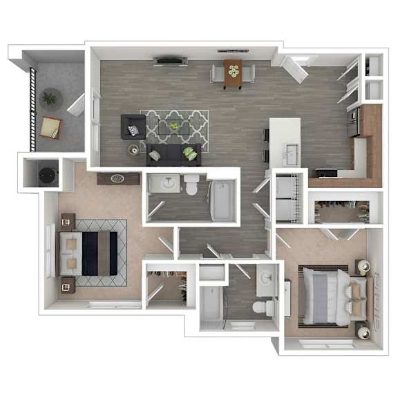 A top-down view of a small apartment layout with a kitchen, living room, and bathroom.