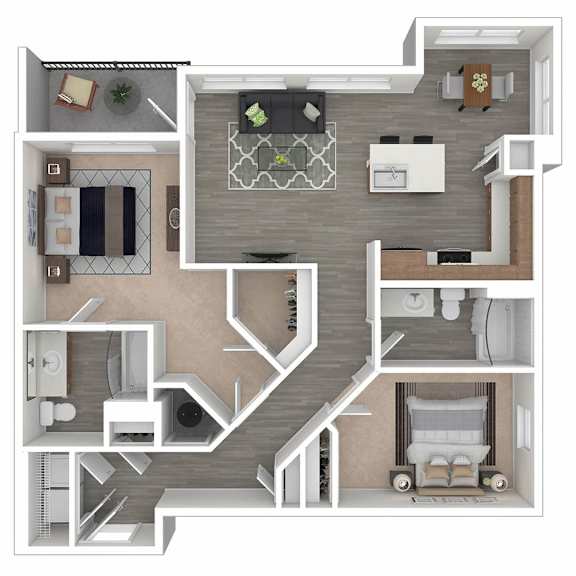 A 3D floor plan of a house showing a living room, kitchen, and bedrooms.