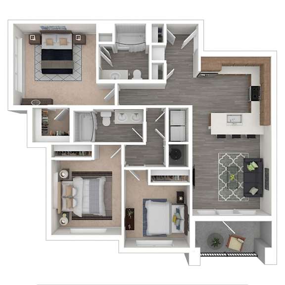 A detailed 3D floor plan of a modern apartment.