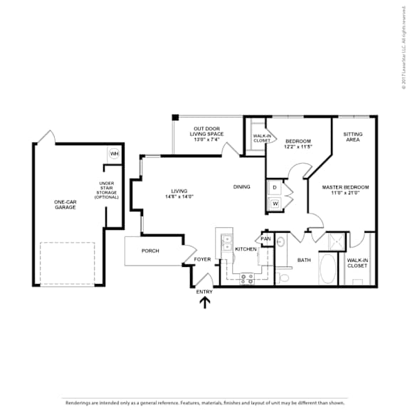 A black and white floor plan of a house with a garage and a porch.