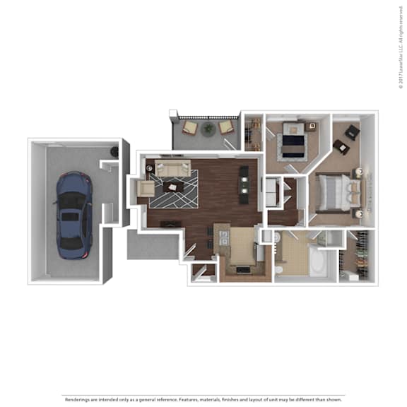 A floor plan of a house with a garage and a car.