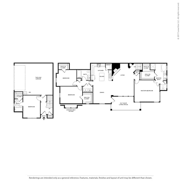 A floor plan of a house with a garage and a separate guest house.