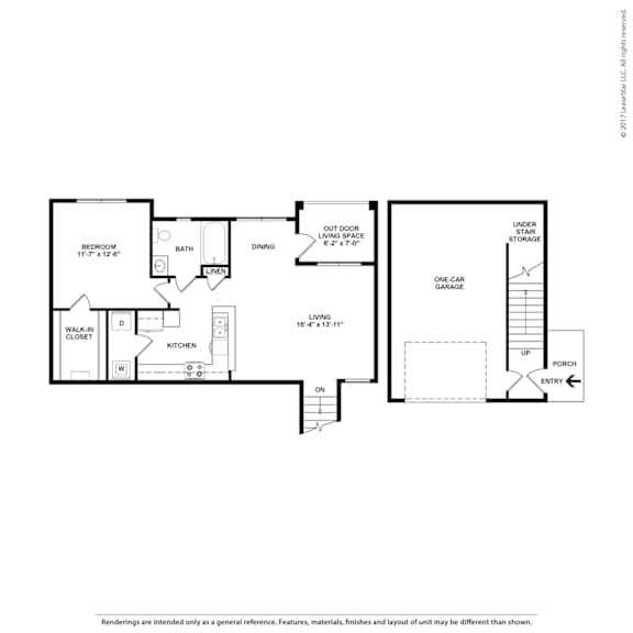 A floor plan of a house with a bedroom, a bathroom, a dining room, a kitchen, a walk-in closet, a den, a laundry room, a porch, and a garage.