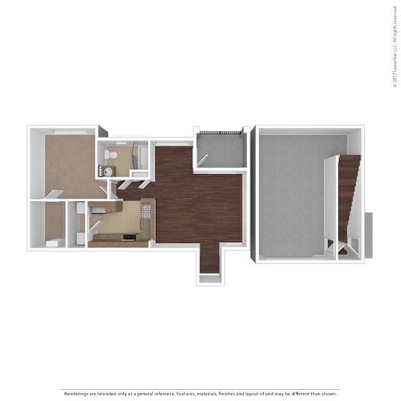 A 3D rendered image of a house layout.