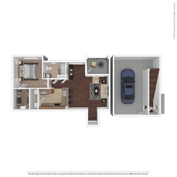 A 3D rendered image of a floor plan of a house.