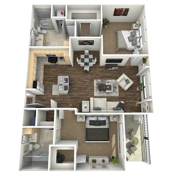 A 3D floor plan of a small apartment with a living room, kitchen, and bathroom.