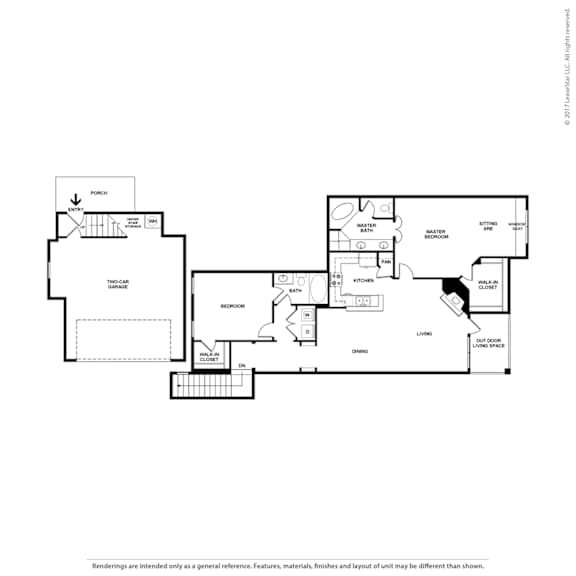 A floor plan of a house with a garage, living room, dining room, kitchen, and bathrooms.