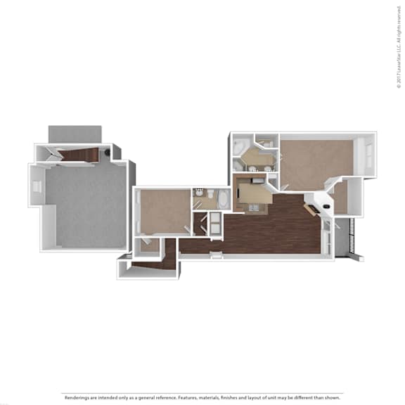 A floor plan of a house with multiple rooms and a kitchen area.