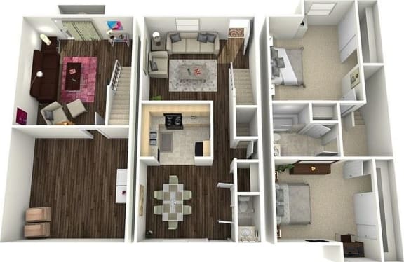 a 3d drawing of a floor plan with a bedroom and a living room