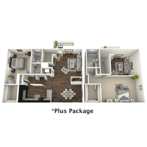 a stylized floor plan of a 2100 sq ft apartment