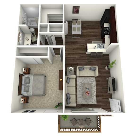 A 3D floor plan of a small apartment with a bedroom, living room, and kitchen.