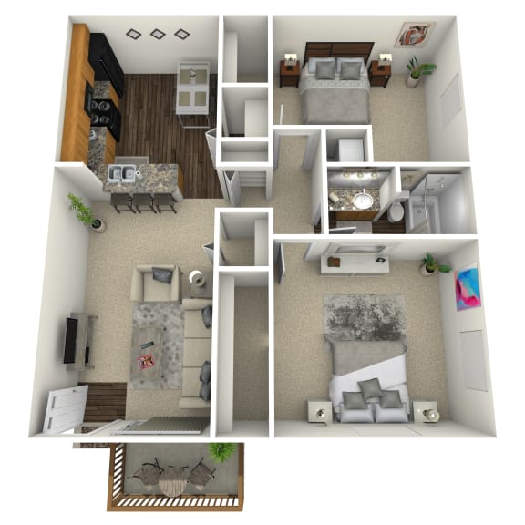 a 3d rendering of a floor plan with a bedroom and living room