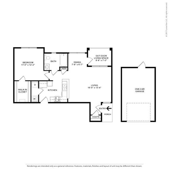 A black and white floor plan of a house with a garage.