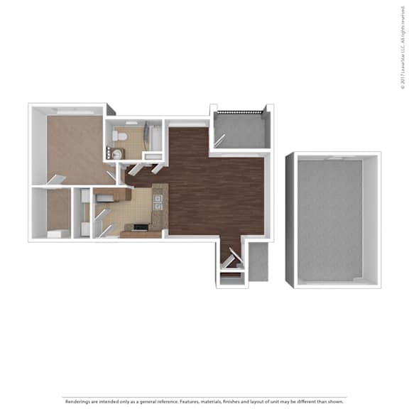 A floor plan of a house with a kitchen, living room, and two bedrooms.