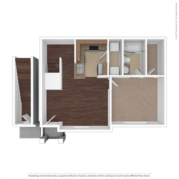 A 3D in-home layout showing a kitchen, living room, and two bedrooms.