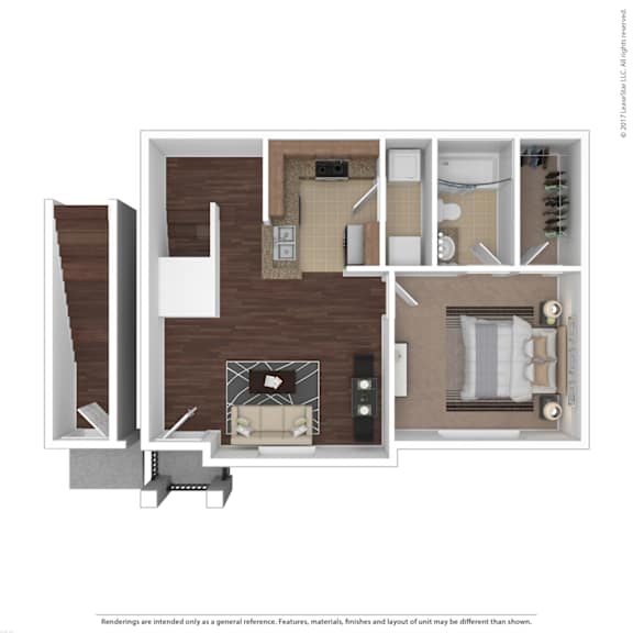 A 3D floor plan of a small apartment with a living room, kitchen, and bathroom.