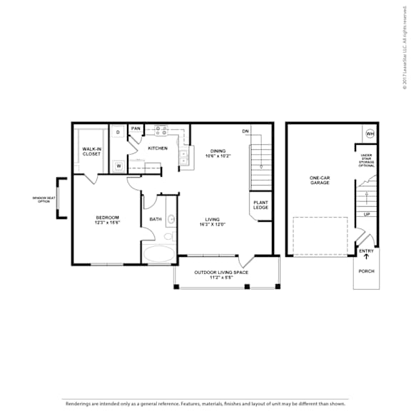 A floor plan of a house with a kitchen, dining room, bedroom and bathroom.