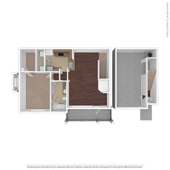 A floor plan of a house with a kitchen, living room, and two bedrooms.