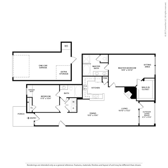 A floor plan of a house with a porch, living room, dining room, kitchen, and two bedrooms.