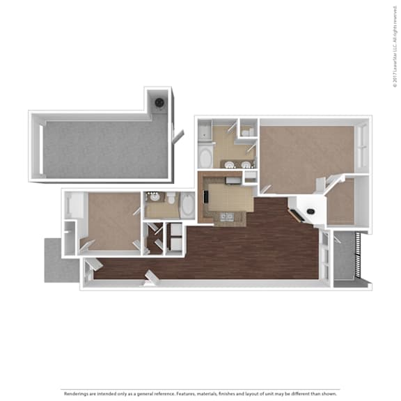 A floor plan of a house with a kitchen, living room, and two bedrooms.