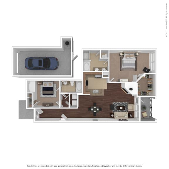 A 3D rendered image of a house layout.