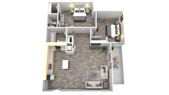 a floor plan of a one bedroom apartment with two bathrooms and a balcony