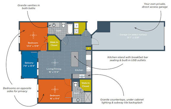 A floor plan of a house with a kitchen, living room, dining room, and two bedrooms.