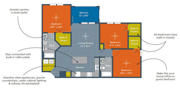 A floor plan of a house with a living room, kitchen, and bathrooms.